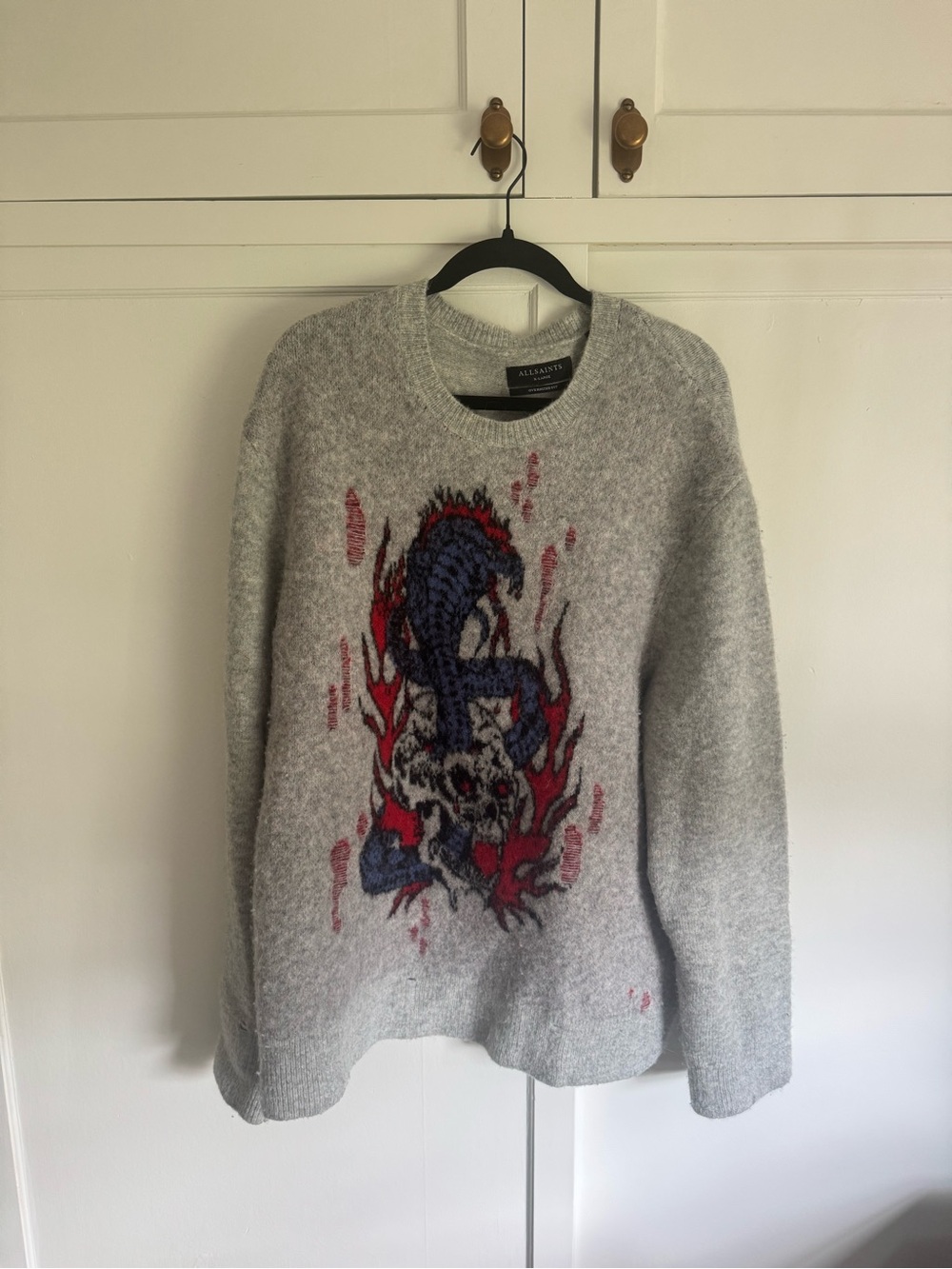 AllSaints Oversized Graphic Sweater Skull Snake Alpaca Wool Blend Knit Size XL
